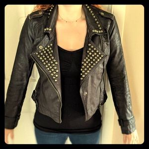 Blanc Noir Faux Leather Studded Motorcycle Jacket